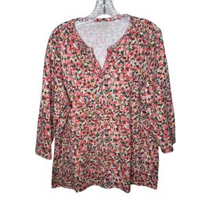 LL Bean Womens Plus Size 1X Floral Print Cotton V Neck 3/4 Sleeve Top